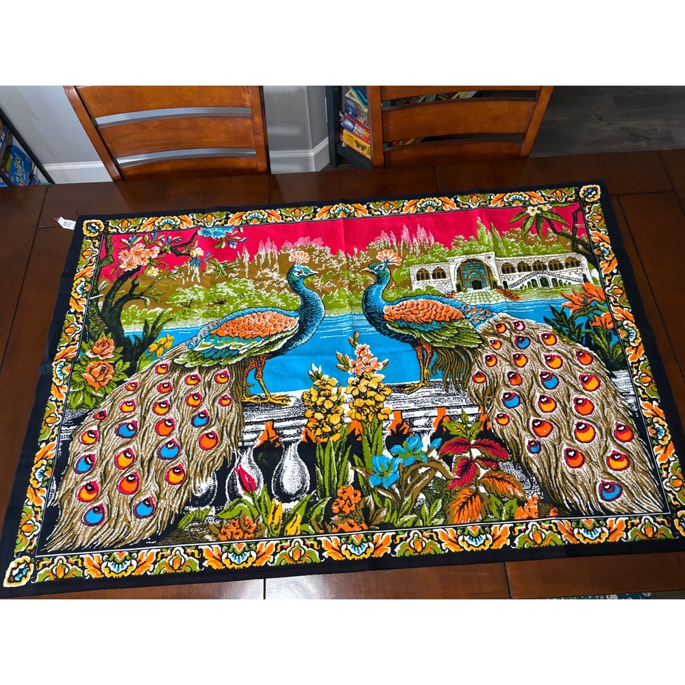 Vintage RT Brooklyn NY Peacock Cotton Wall Hanging Tapestry Turkey 54x35 S0165